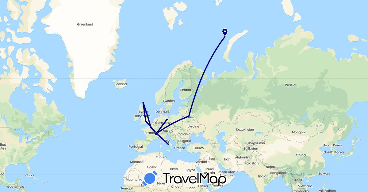 TravelMap itinerary: driving in Bulgaria, Switzerland, Germany, France, United Kingdom, Italy (Europe)